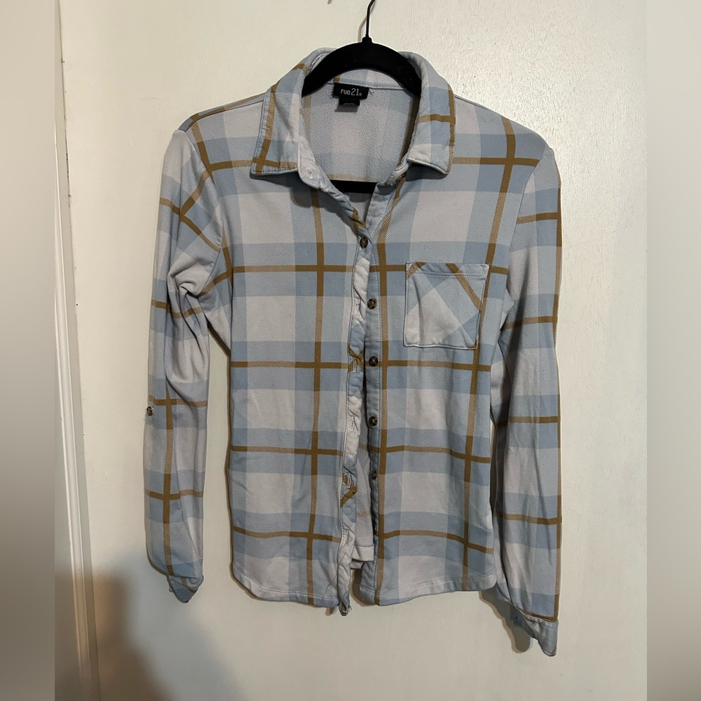 Rue21 Light Blue and Tan Plaid Shirt